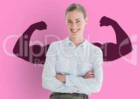 happy businesswoman hand folded in front of fists dark pink draw on pink wall