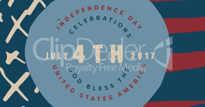 Fourth of July graphic in blue circle against hand drawn american flag