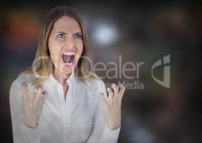 Angry business woman against blurry brown background with grunge overlay