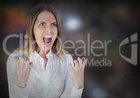 Angry business woman against blurry brown background with grunge overlay