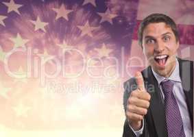 happy business man with thumb up against american flag