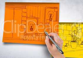 hand drawing office red lines on orange paper stick on the wall. 1 blueprint more in yellow papers,
