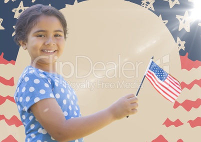 Girl smiling and holding american flag against hand drawn american flag with flare