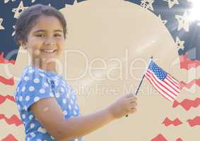 Girl smiling and holding american flag against hand drawn american flag with flare