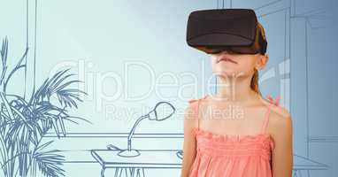 Girl in virtual reality headset against 3D blue hand drawn office