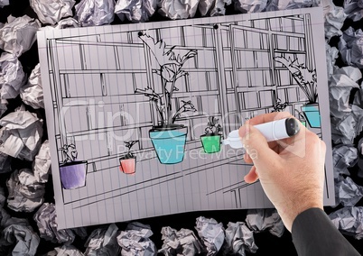 3D hand drawing office lines on a paper with details in color