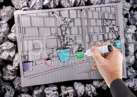 3D hand drawing office lines on a paper with details in color