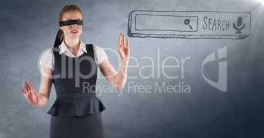Blindfolded business woman and navy search bar against navy background