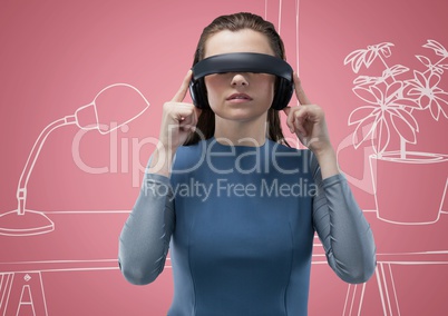 Woman in virtual reality headset against 3D pink and white hand drawn office