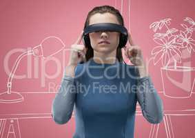 Woman in virtual reality headset against 3D pink and white hand drawn office
