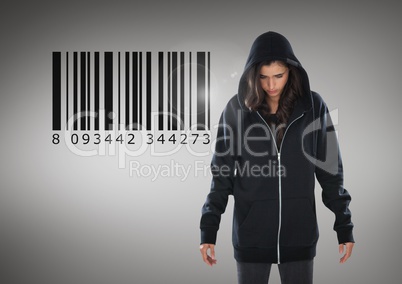 Woman hacker in front of grey background with bar code