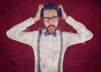 Frustrated business man against maroon background and arrow graphics