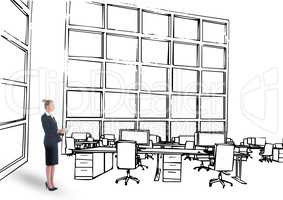 young businesswoman with tablet on 3D office lines . Design of the new office