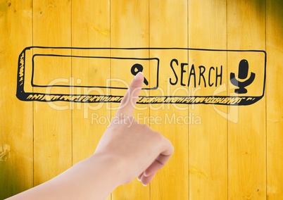 Hand pointing to 3D search bar doodle against yellow wood panel