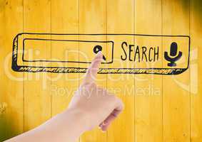 Hand pointing to 3D search bar doodle against yellow wood panel