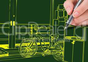 hand drawing 3D office yellow lines on green background