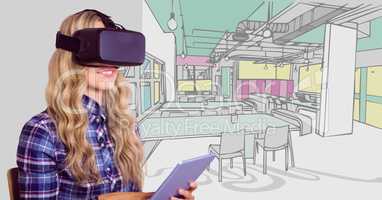 Woman in virtual reality headset with tablet against 3d hand drawn office