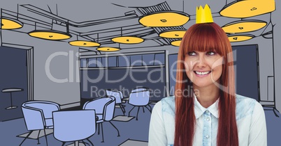 Millennial woman in paper crown against blue hand drawn office