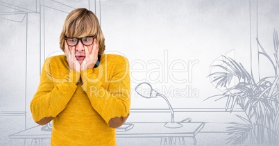 Frustrated millennial man against white hand drawn office