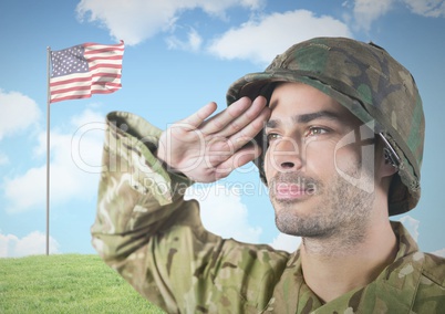 IMilitary saluting against 3d american flag