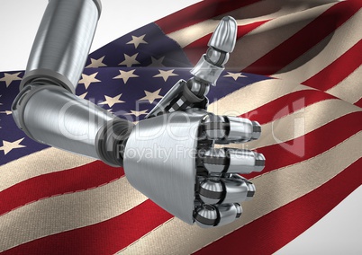 Robot with thumbs up against 3D american flag