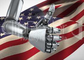 Robot with thumbs up against 3D american flag