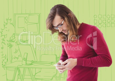Millennial man texting against green hand drawn office