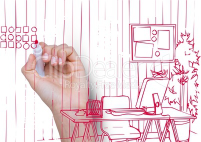 3D hand drawing office red lines on the screen