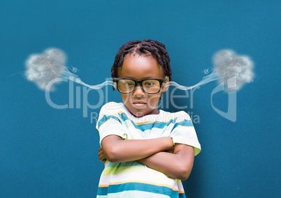 anger boy with hands folded and 3D steam on ears. blue background