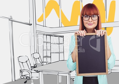 Millennial woman with chalkboard against 3D grey and yellow hand drawn office