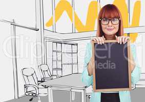 Millennial woman with chalkboard against 3D grey and yellow hand drawn office