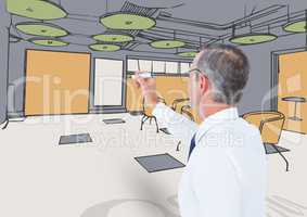 Business senior man drawing 3D office  lines. With color.