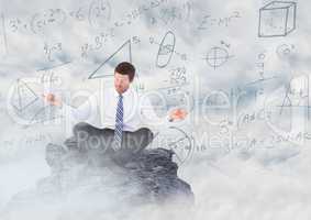 Business man meditating on 3D mountain peak among clouds against math doodles