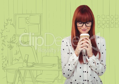 Millennial woman drinking coffee against green hand drawn office