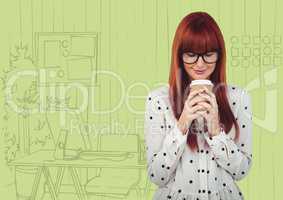 Millennial woman drinking coffee against green hand drawn office