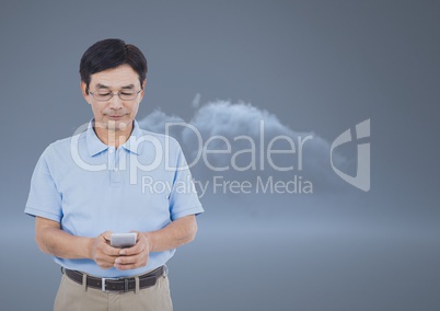 Man texting in front of a 3D dark cloud