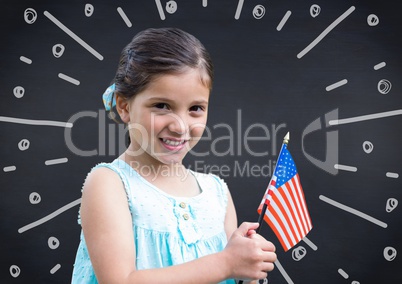 Girl holding american flag against navy chalkboard and white fireworks doodle