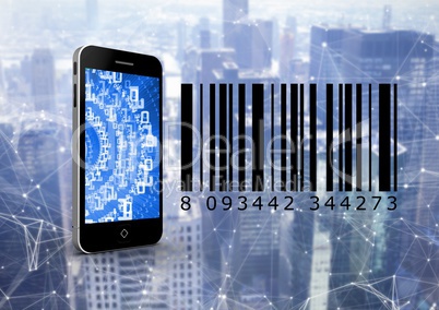Smartphone and bar code in front of digital background