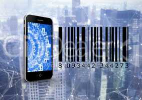 Smartphone and bar code in front of digital background