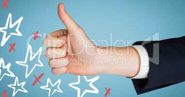 Hand giving thumbs up against blue background with red and white hand drawn star pattern