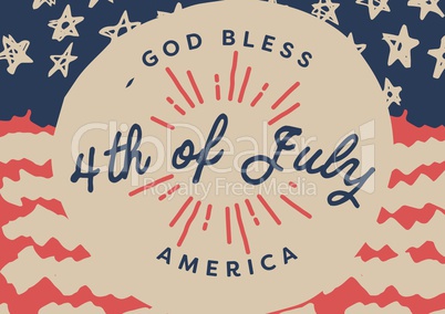 Blue and red fourth of July graphic against hand drawn american flag