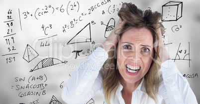 Frustrated business woman against blurry grey stairs and math graphics