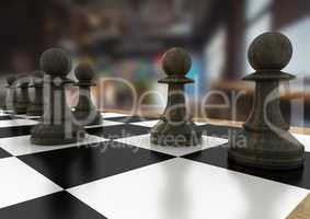 3D Chess pieces against blurry cafe