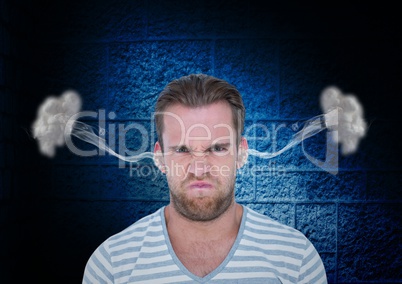 anger young man with steam on ears. Black and blue  background