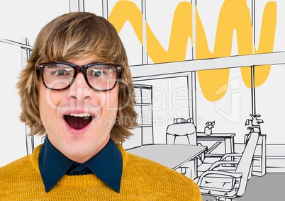Millennial man gasping against grey and yellow hand drawn office