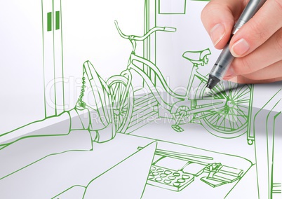 3D hand drawing office green lines