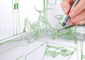 3D hand drawing office green lines