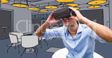Business man in virtual reality headset sitting in sitting in chair against 3D grey and yellow hand