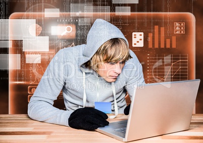 Hacker using a laptop and holding a credit card in front of 3d digital orange background