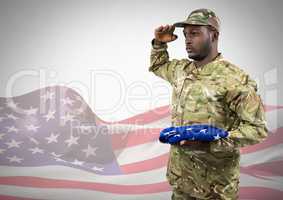 Black soldier holding an american flag for independence day against a 3d american flag